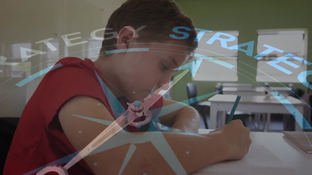 animación de la brújula con texto sobre el niño caucásico escribiendo en el cuaderno.