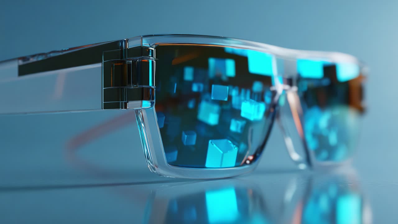 Futuristic Glasses with Reflective Lenses Displaying 3D Visualizations of Cubes Against a Soft Blue Background, Exemplifying How Advanced Technology Merges Functionality and Style in Modern Eyewear