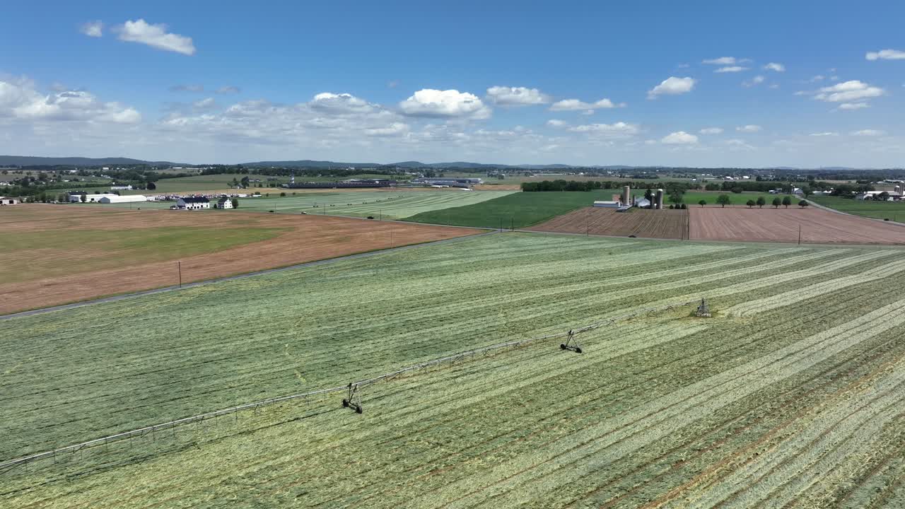 Aerial wide shot of agricultural farm fields during sunny day with blue sky. Growing cropland and cars on intersection road. American countryside in quiet american housing area.