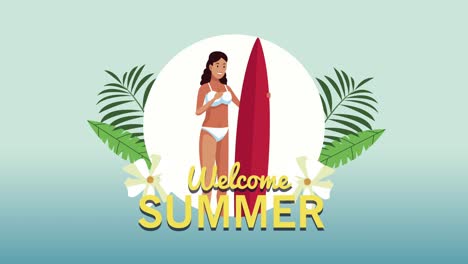 letras de bienvenida al verano con una surfista