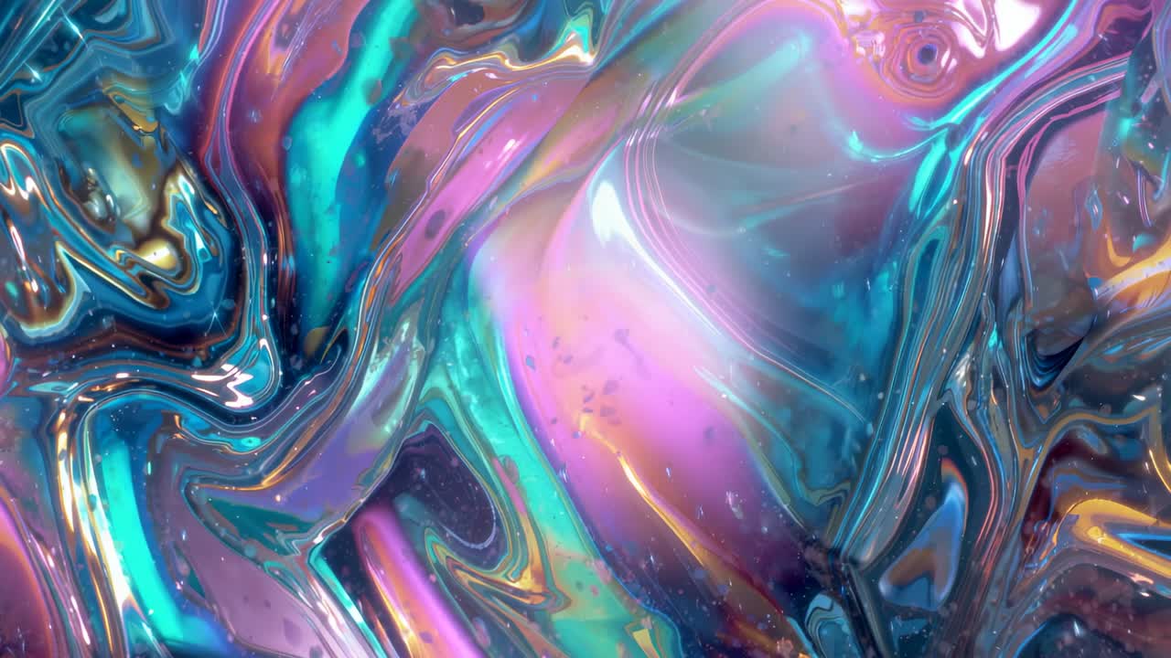 Looping iridescent fluid shapes rippling and shifting hues in digital scene with reflective specks