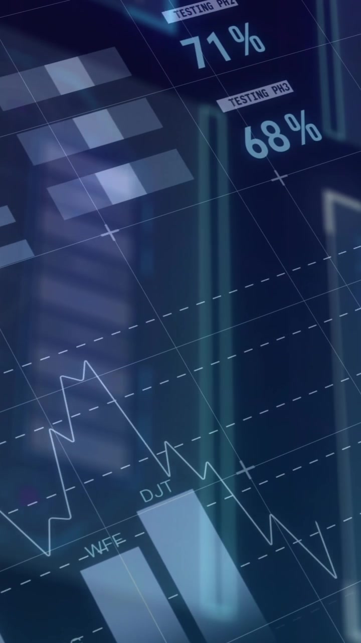 Elaborazione di dati statistici su interfaccia digitale con elaborazione dati su sfondo blu.