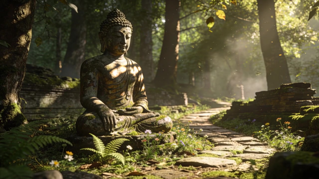La luce penetrante del sole mattutino che rivela un Buddha di pietra consumato dalle intemperie che cattura la luce lungo un sentiero muschioso, nebbia