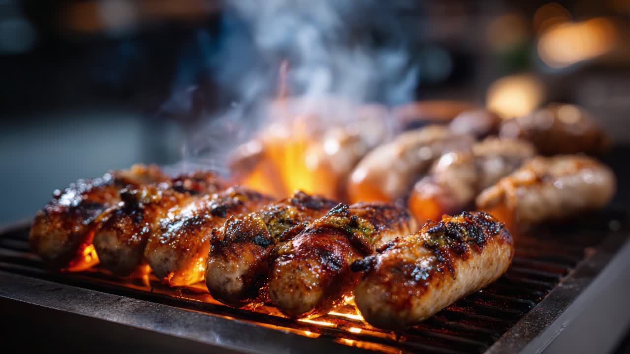 İsli Aroması ve Cızırtılı Dokusuyla Açık Ateşte Pişen Lezzetli Izgara Sosisler, Barbeküler ve Açık Hava Toplantıları için İdeal