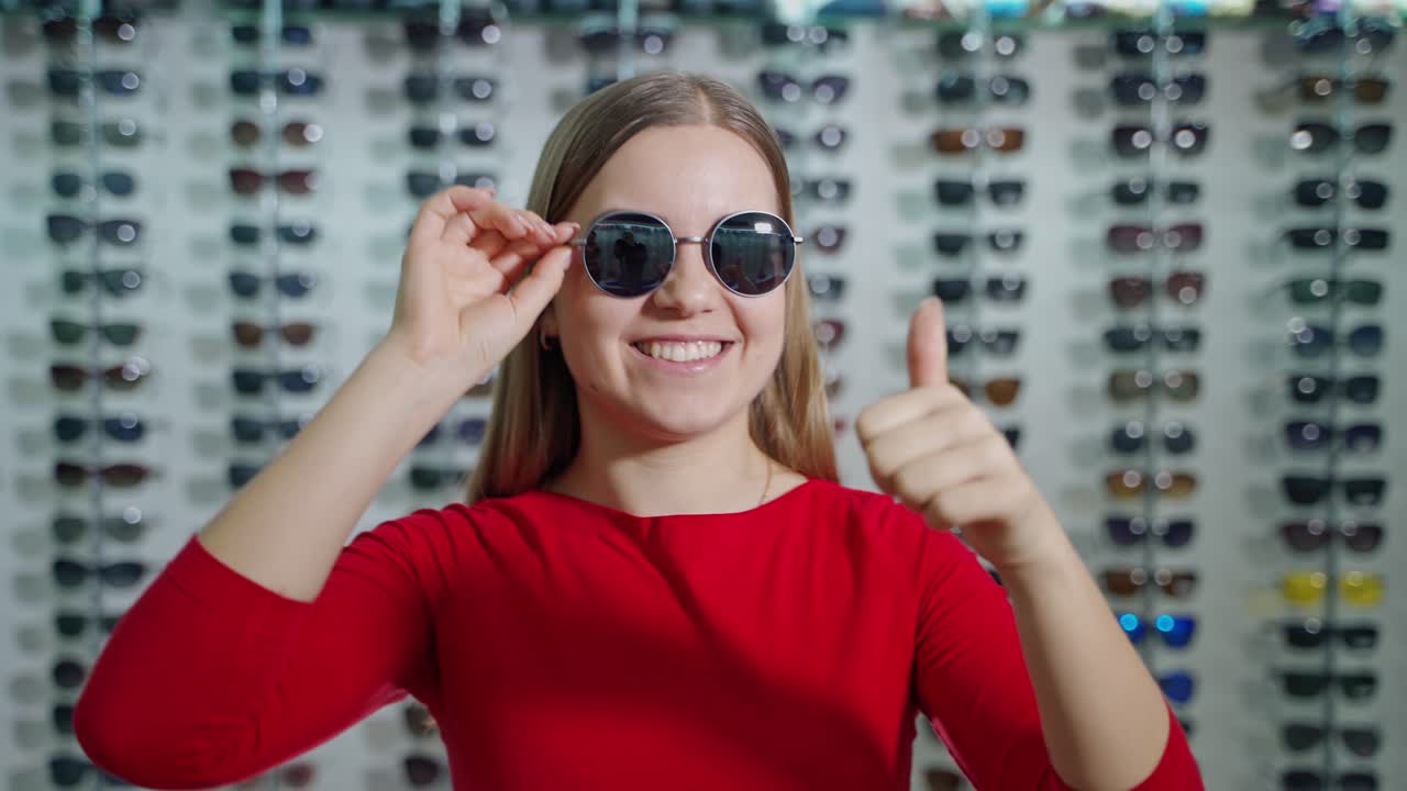 Portrait of a girl in stylish sunglasses indoors. Beautiful young woman wearing fashionable black glasses on the background of optical store.