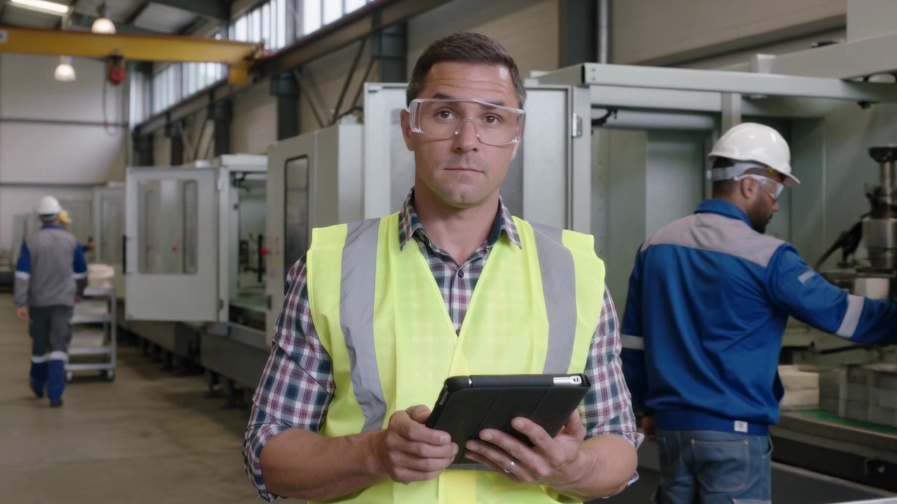 Responding to tablet prompt, supervisor in hi-vis vest and goggles tapping, scanning CNC at factory