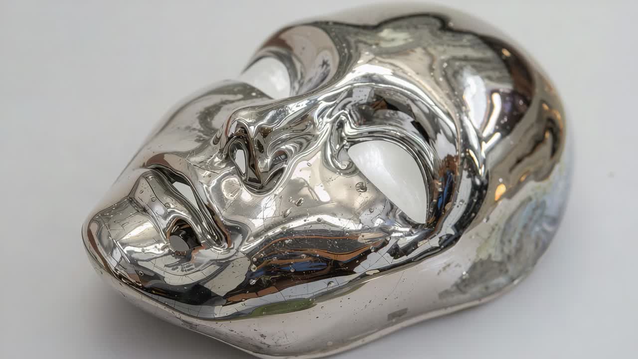 Moving camera approaching mirror metallic mask on white studio, revealing surface imperfections