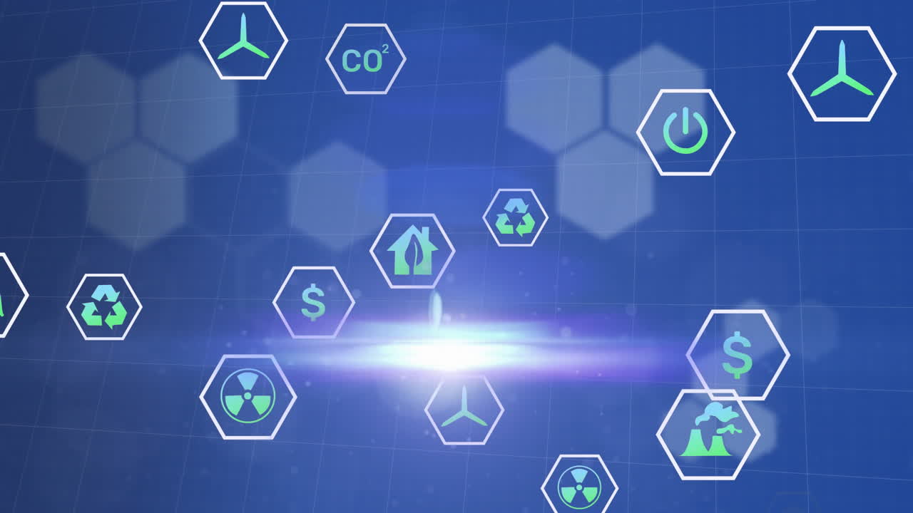 Animation of eco icons and data processing over blue background
