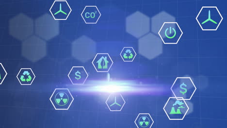 animación de iconos ecológicos y procesamiento de datos sobre fondo azul