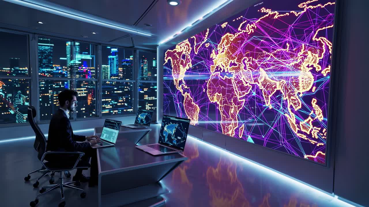 Futuristic office with a man at a desk, large digital world map, and cityscape view