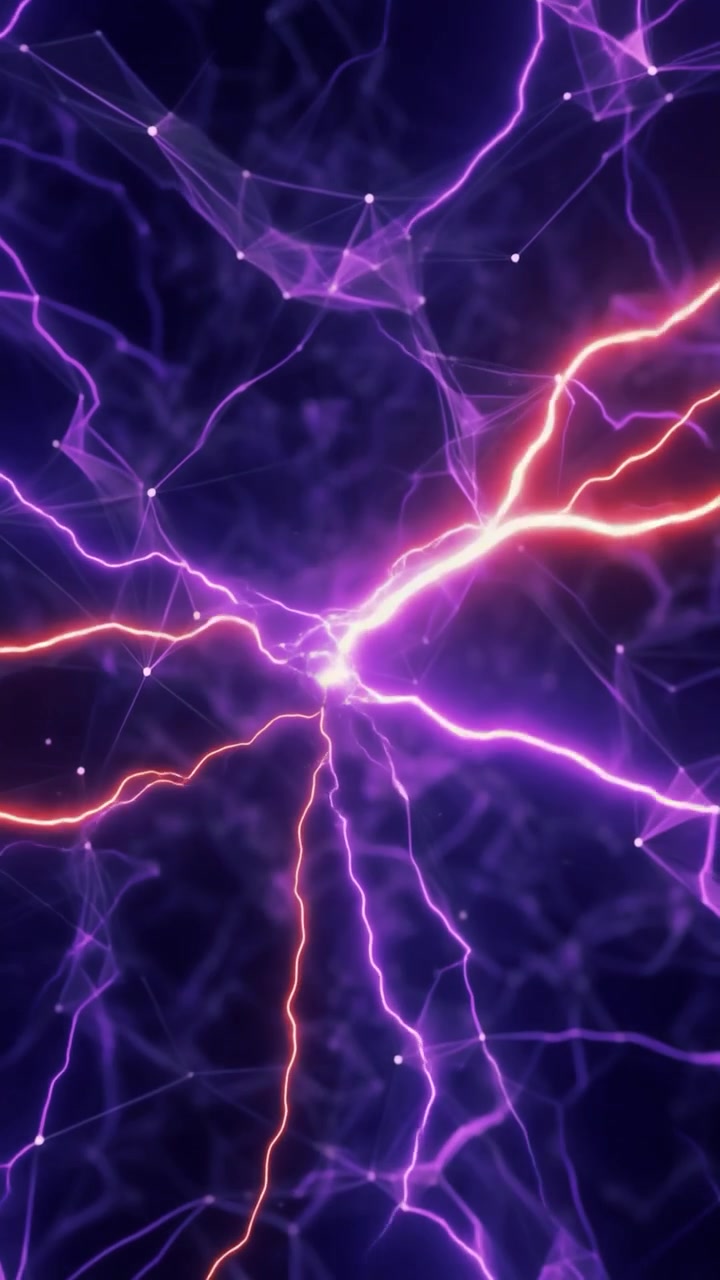 Rete digitale astratta con archi elettrici viola e rossi luminosi