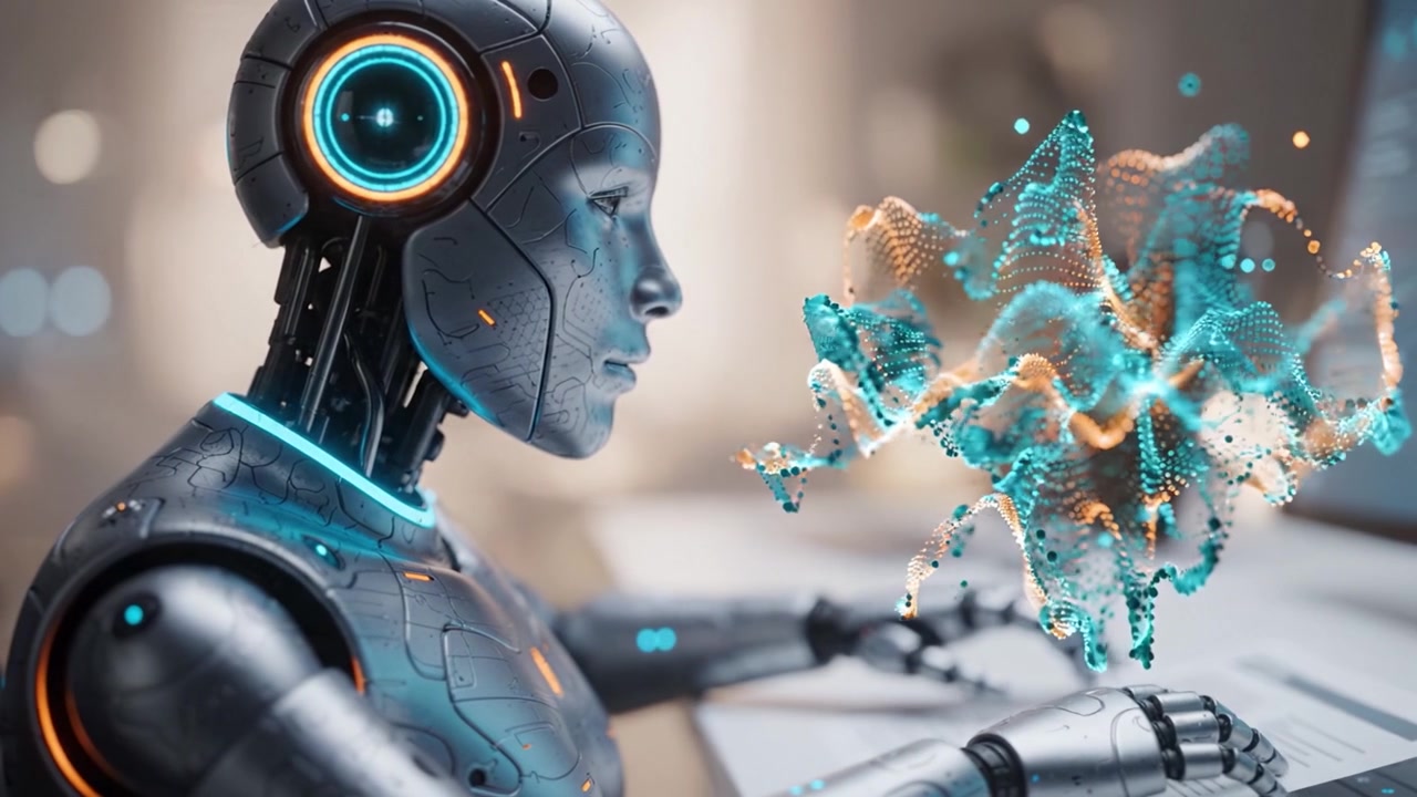 Innovative Robot Working at Computer: Exploring Advanced Technology and Human-like Interaction in a Futuristic Workspace Setting with Enhanced Design and Functionality