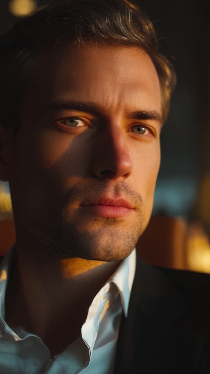 Un uomo contemplativo guarda pensieroso in lontananza, evidenziando intense emozioni e il gioco di luci e ombre sulla sua espressione in un ambiente caldo