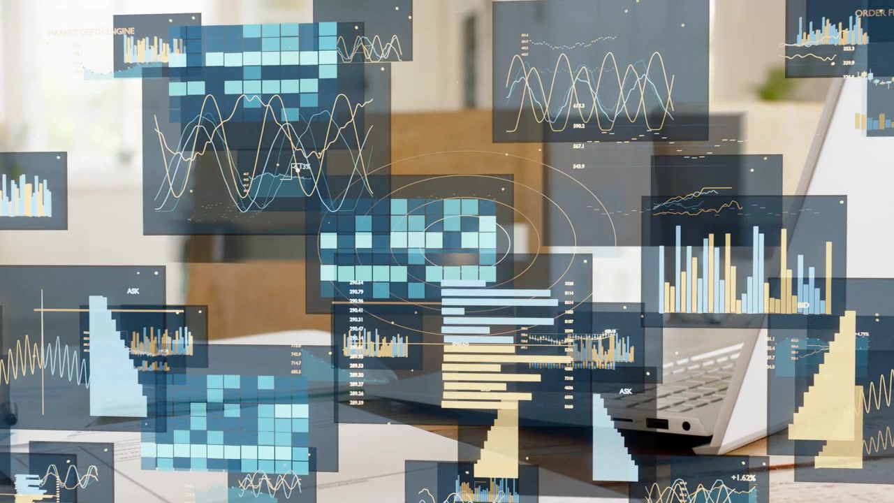 Clear tiles appearing above pages, growing into layered data panels, framing laptop to show trends