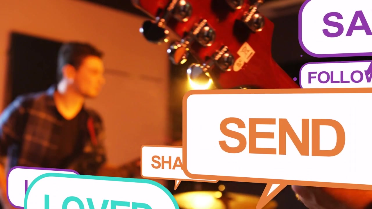 Guitarrista principal moviendo el clavijero rojo mientras la cámara se mueve, generando burbujas sociales para una promoción musical.