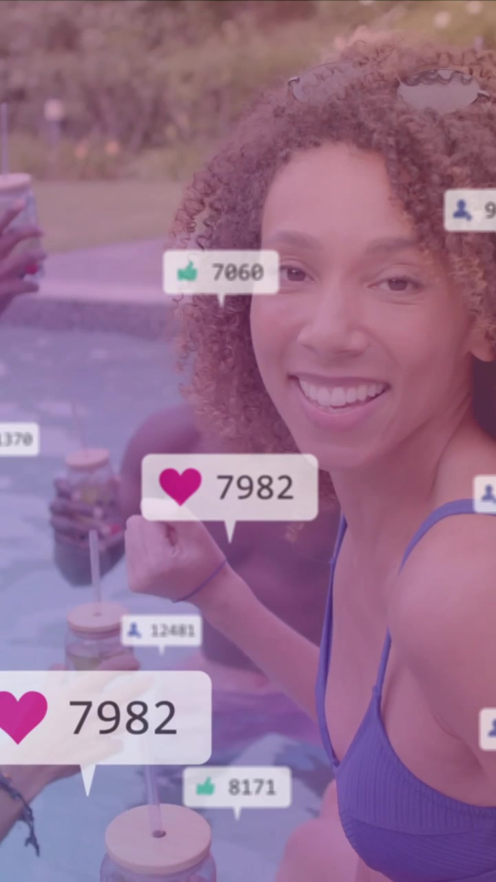 Social media likes and comments animation over people enjoying pool party