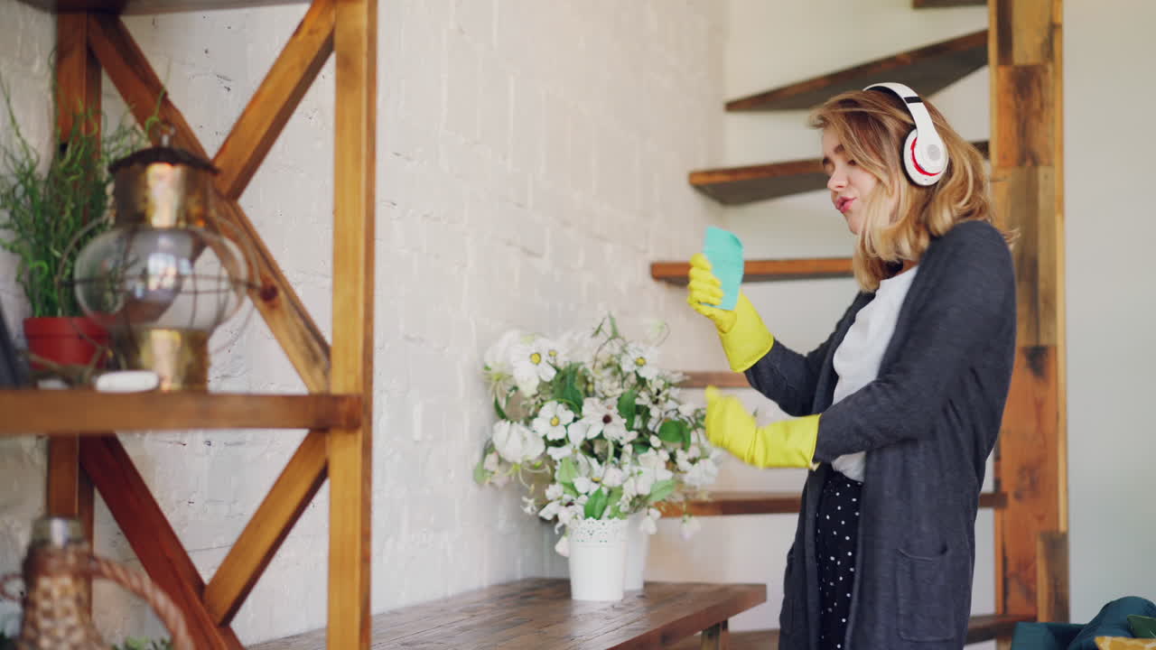 음악 을 들으면서 집 을 청소 하는 여자
