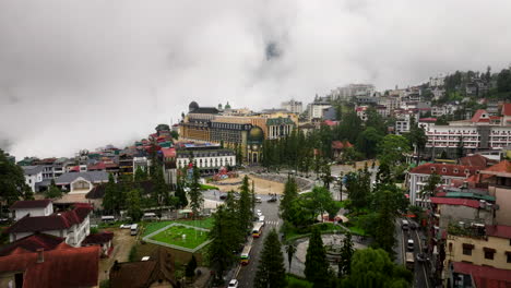 drone flight over touristic city of clouds sapa in lao cai, vietnam