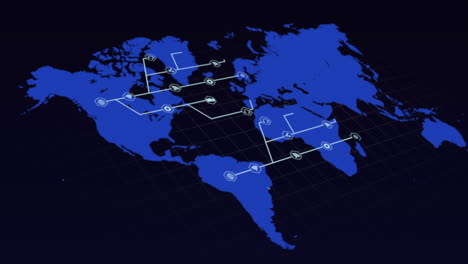 mapa del mundo azul con una creciente red blanca de iconos conectados sobre fondo negro