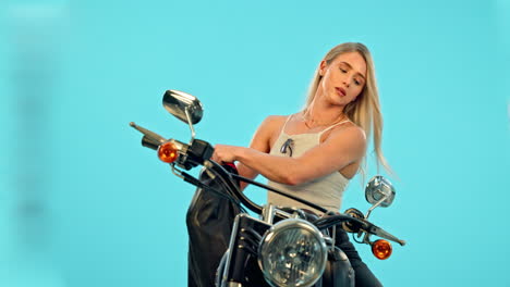 Sport,-jacket-and-motorcycle-with-woman-in-studio