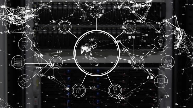 Animation of network of connections with numbers and icons over globe