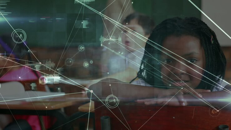 Animation of network of connections over diverse pupils with female teacher