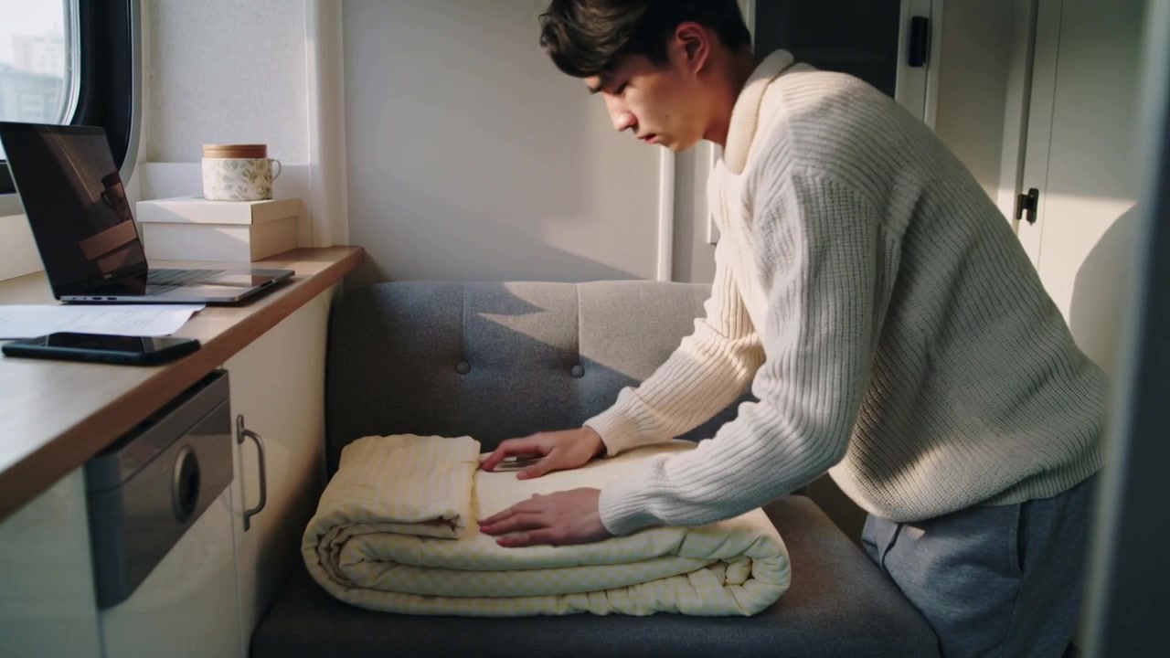 Folding man in cream knit tucking smoothing futon on camper bench making sleeping area, copy space