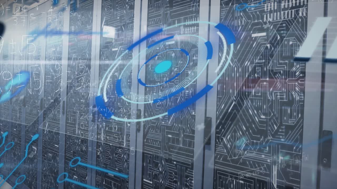 Animation of mathematical equations and data processing against computer server room