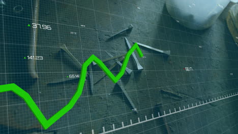 green financial graph animation over abstract background with grid and numbers