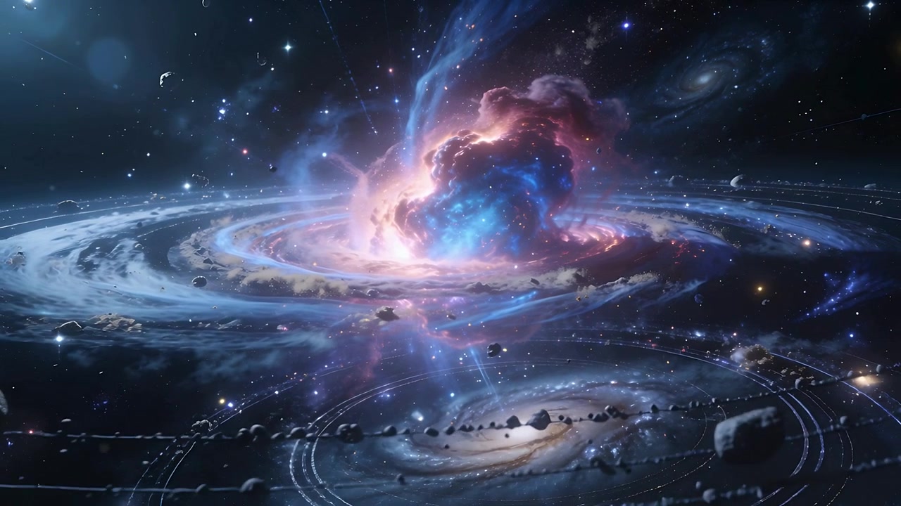 Shifting camera nebula and spiral core rising and emitting streams orbital rings and rocks orbiting