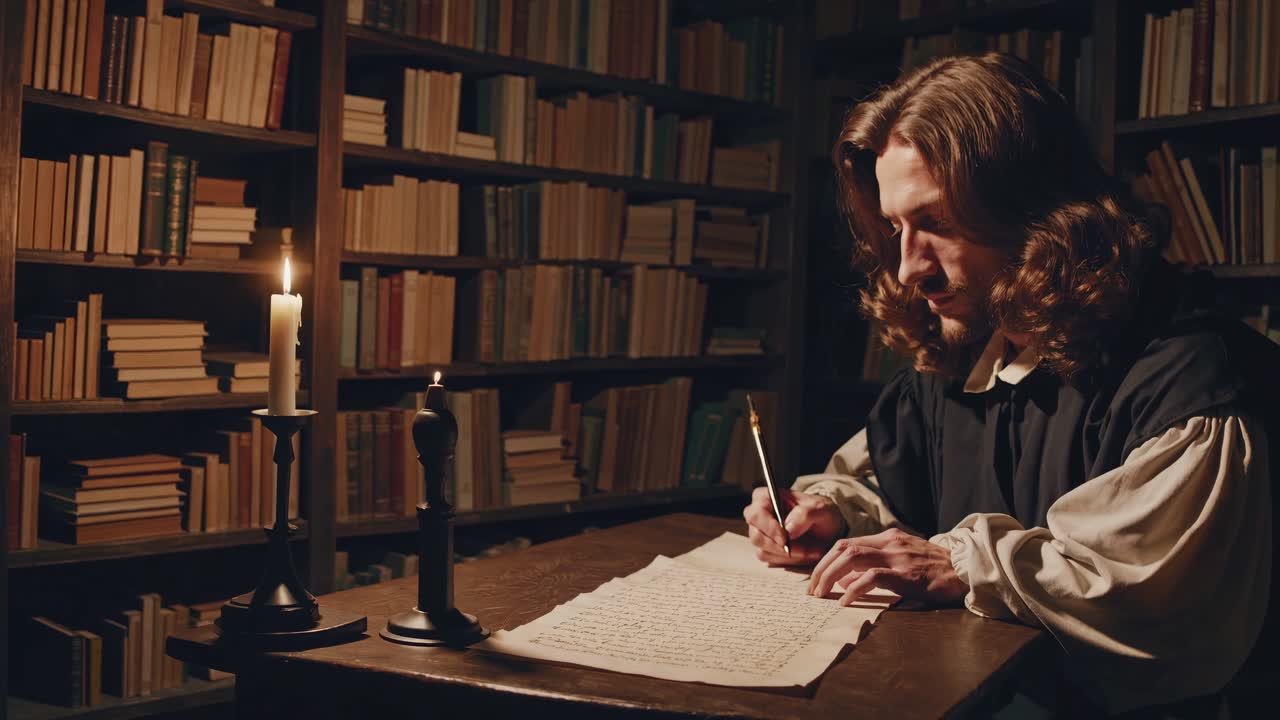 Escena de vídeo con luz tenue de un hombre escribiendo a la luz de las velas en una biblioteca
