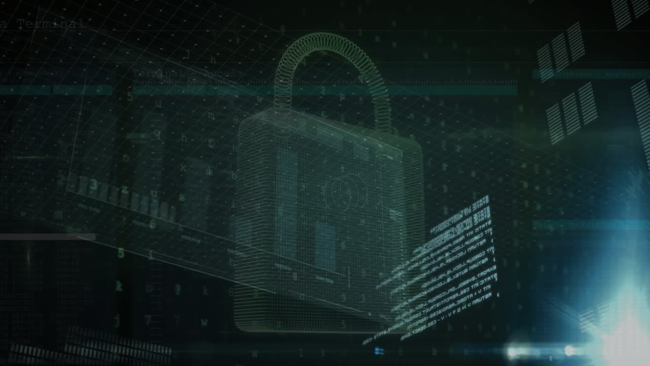 Animation of graphs over padlock over loading bars and computer language against abstract background