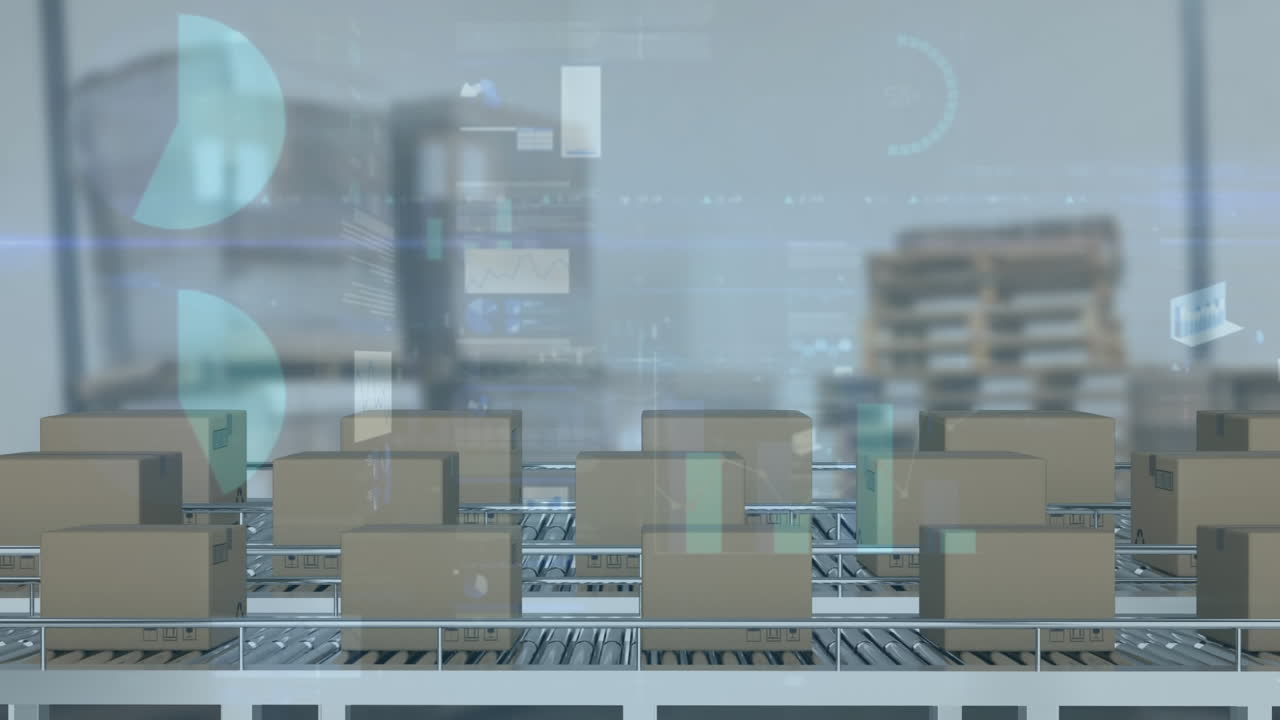 Animazione di elaborazione statistica sopra scatole di cartone su nastri trasportatori.