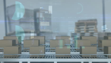 animación del procesamiento de estadísticas sobre cajas de cartón en cintas transportadoras