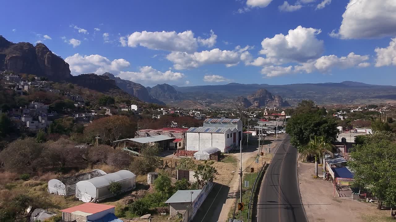 Beautiful aerial view over Oaxtepec and Tlayacapan, showing mountains and a vibrant landscape