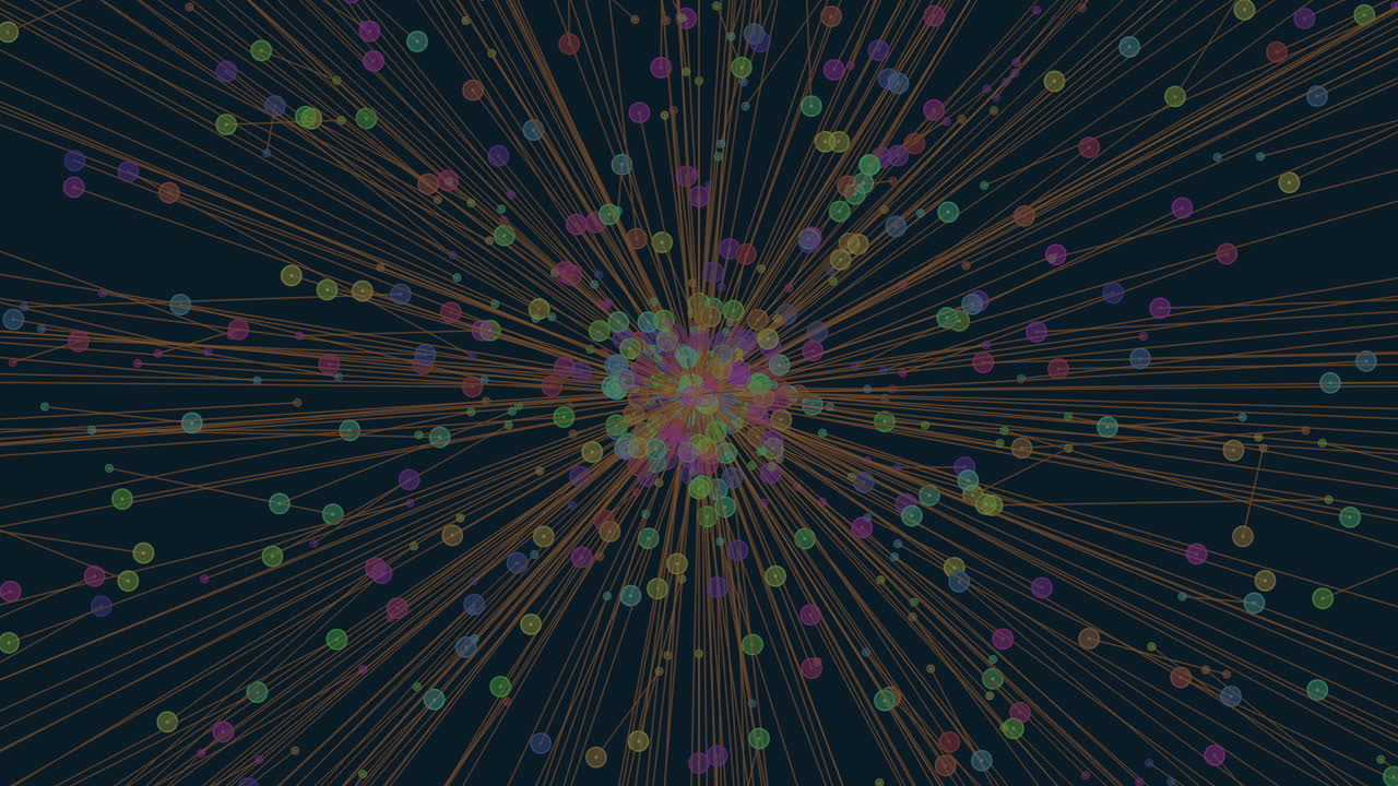 Vivid lines in various colors radiate from a central point, creating a dynamic circular pattern in this abstract composition