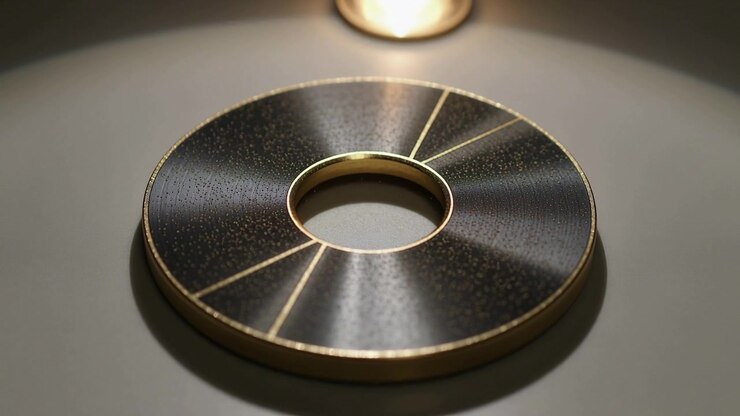 Ophængt lampe i bevægelse får metalring til at vise skiftende lysreflekser i studiet, der fremhæver guldindlæg