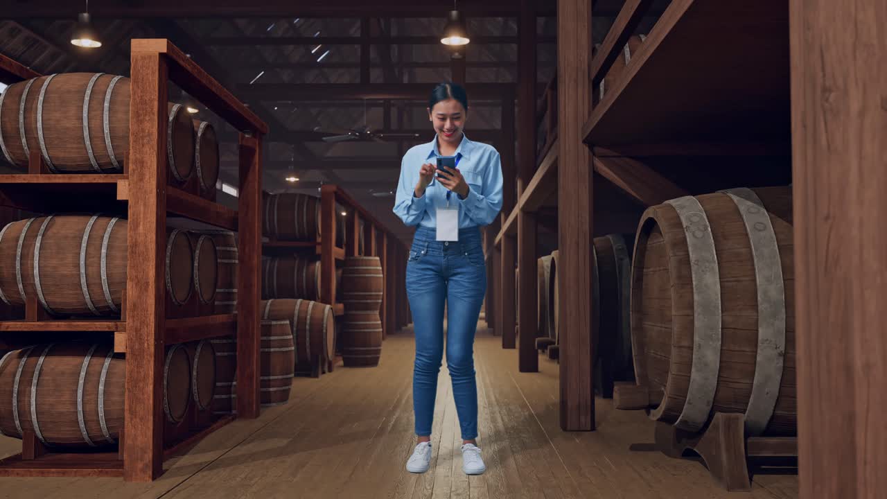 Full Body Of An Asian Female Professional Worker Standing With Her Smarphone In Cellar Of Winery, Working Continuously