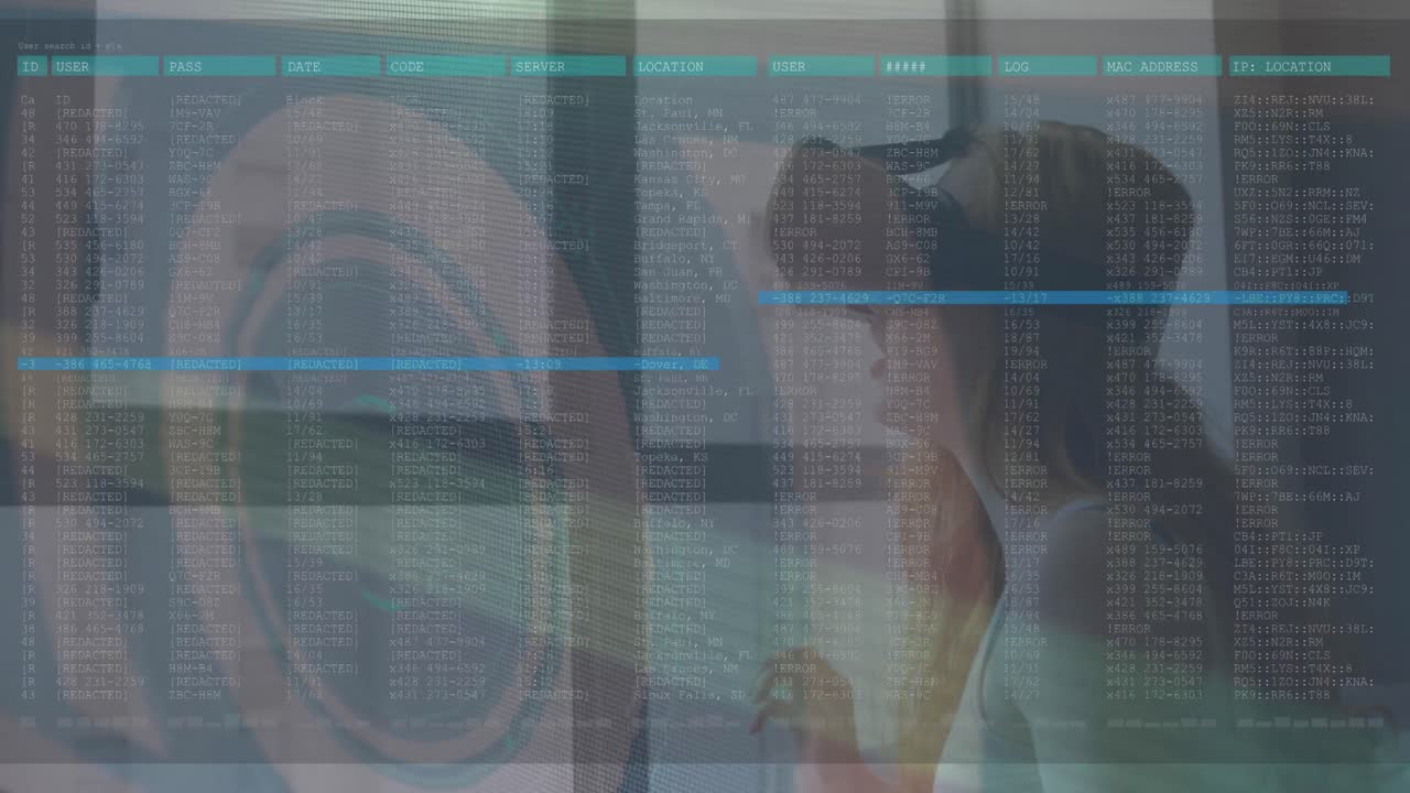 Animation of scope scanning with glitch and woman using vr headset