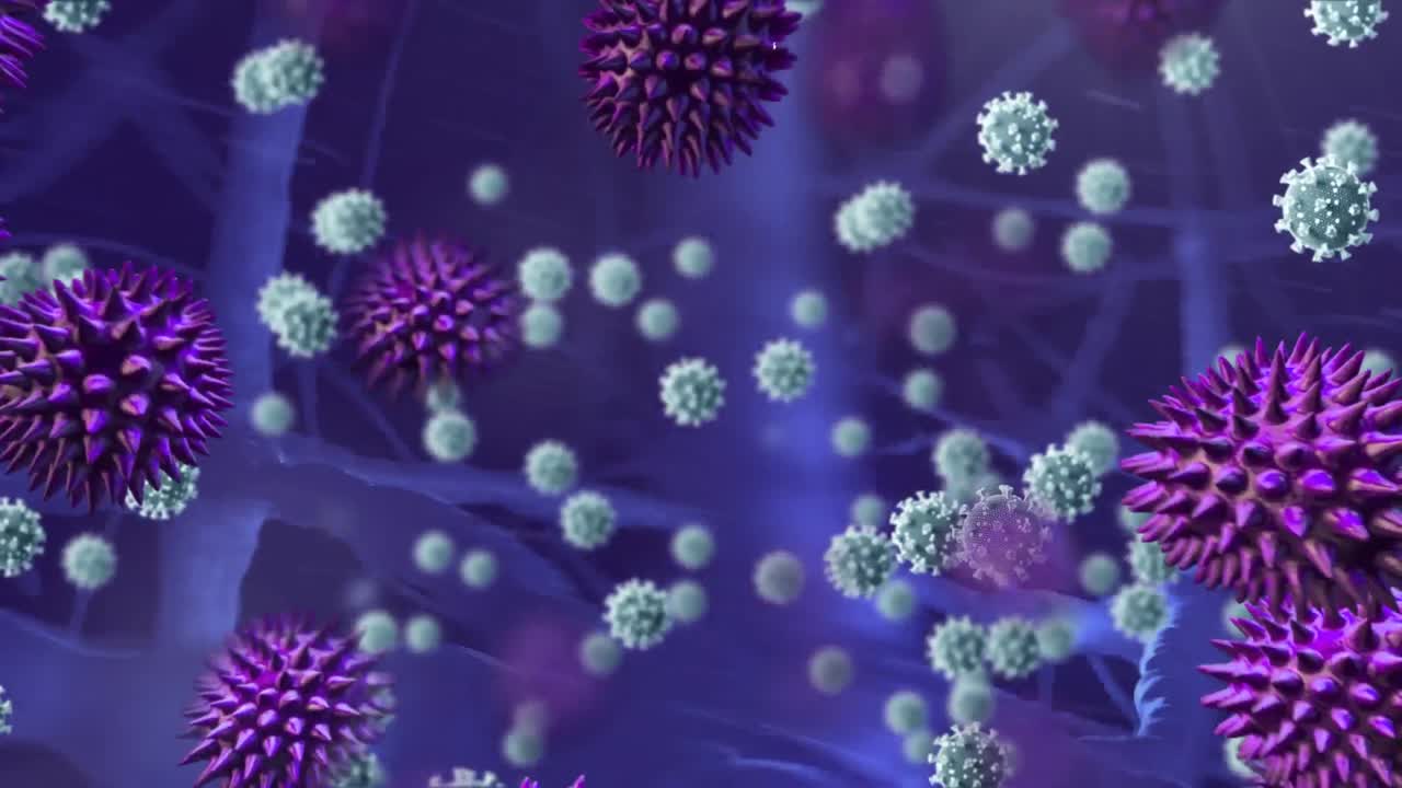 animación de covid 19 flotando sobre una red de neuronas brillantes púrpuras en el fondo