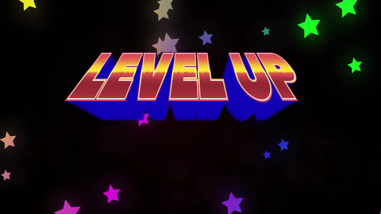 Появление текста «3D LEVEL UP» со смещением и переходом к красному градиенту на фоне плывущих звезд, символизирующих прогресс