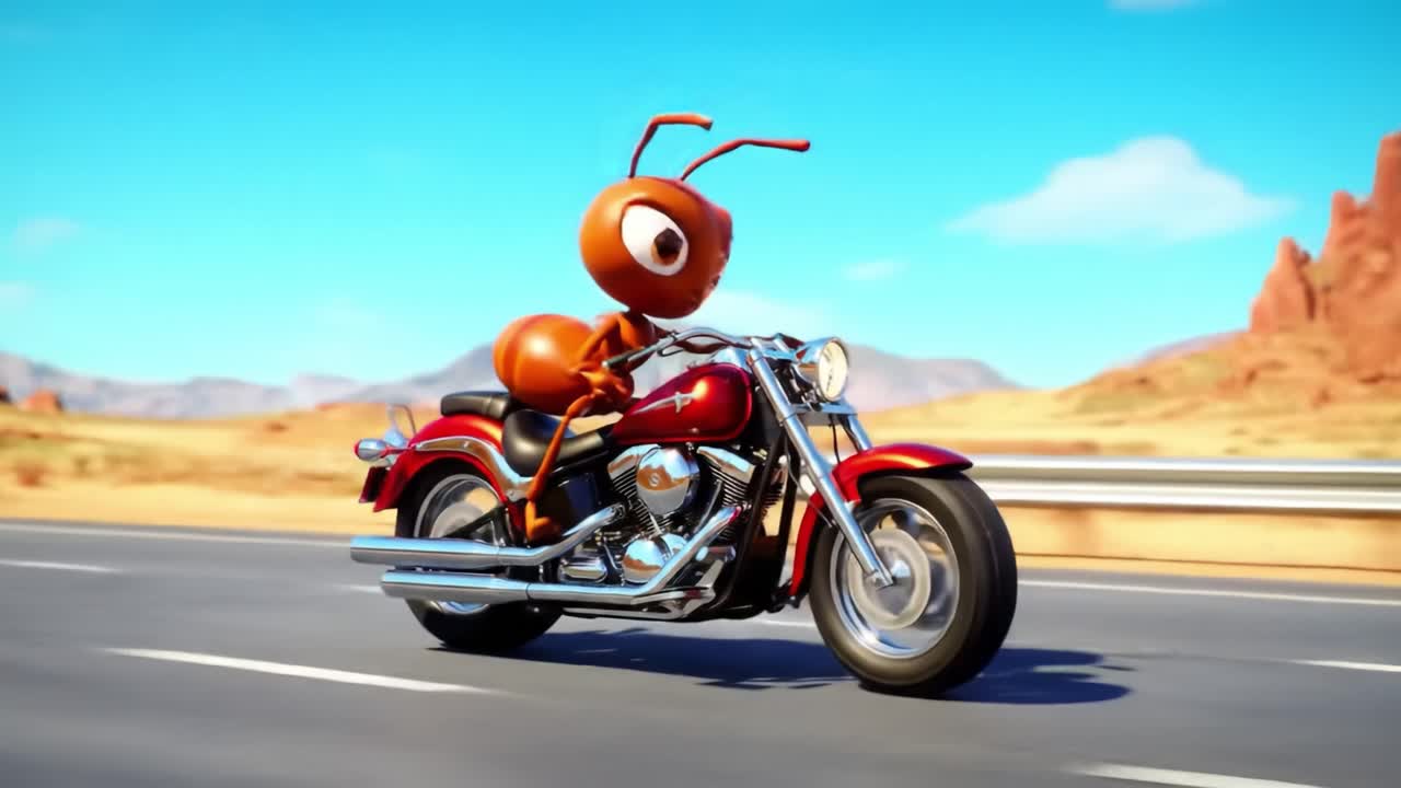 An adventurous ant rides a motorcycle through a vast desert, showcasing a unique and vibrant blend of animation with a focus on speed and thrill in a sunny environment
