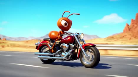 an adventurous ant rides a motorcycle through a vast desert, showcasing a unique and vibrant blend of animation with a focus on speed and thrill in a sunny environment