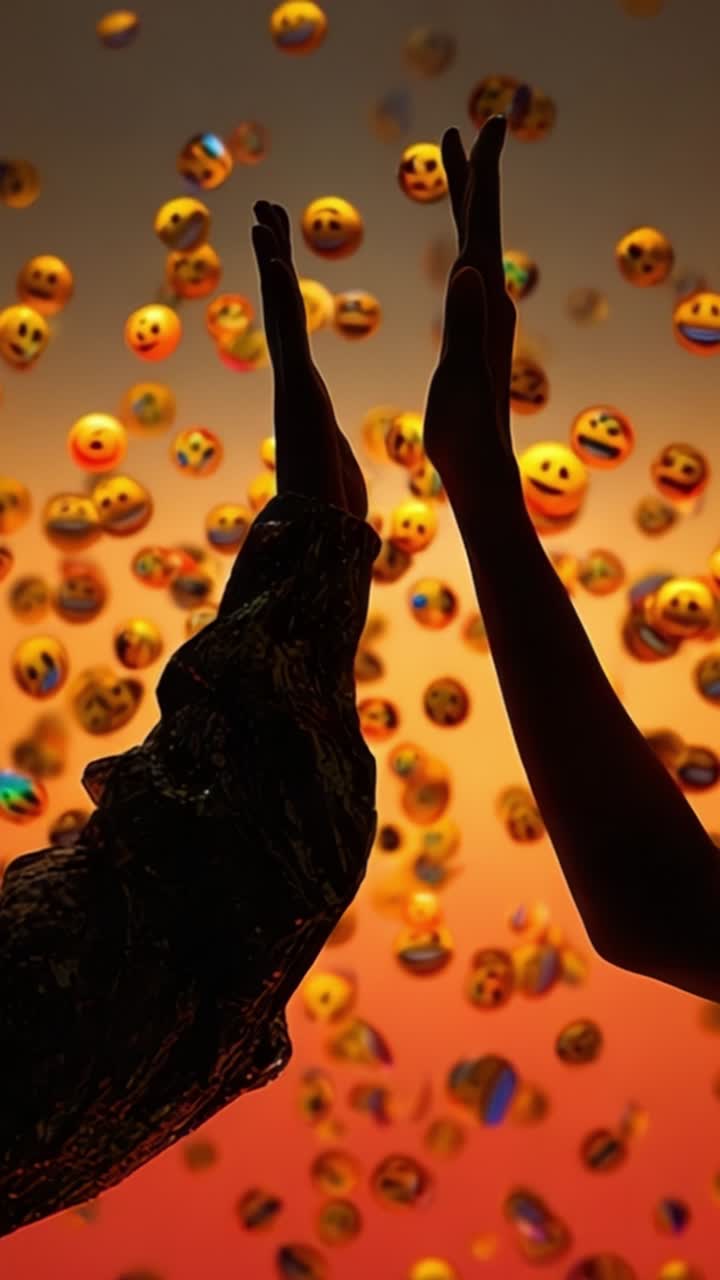 A dynamic and vibrant interaction between hands reaching out amidst a backdrop of floating emoticons, symbolizing connection and joy in a colorful atmosphere