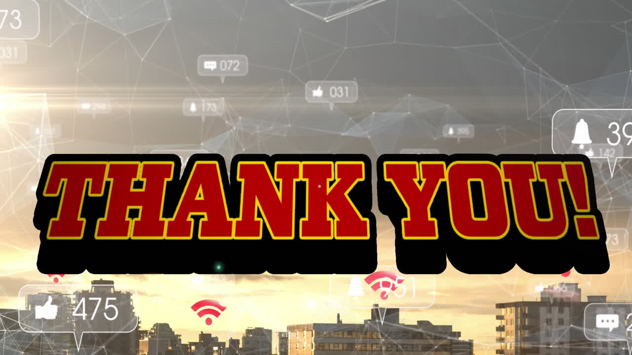 도시 풍경 위에서 성장하는 감사 텍스트와 숫자의 애니메이션