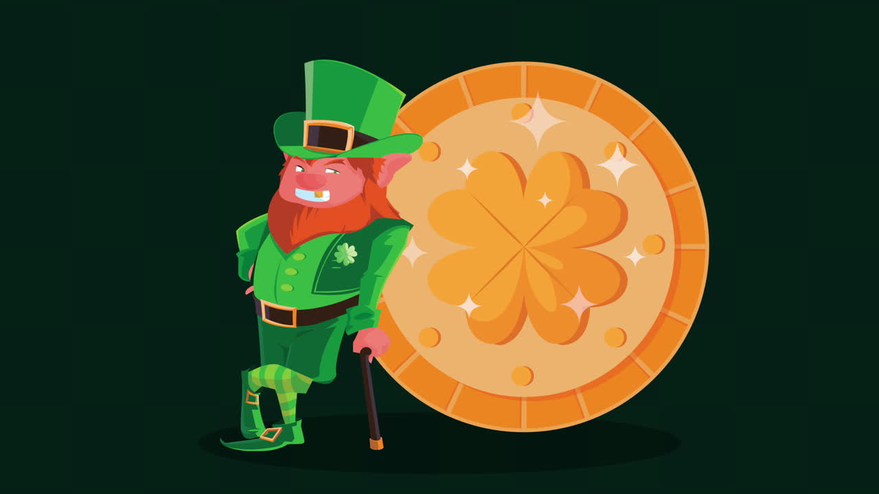 feliz día de san patricio animación con leprechaun en moneda de oro