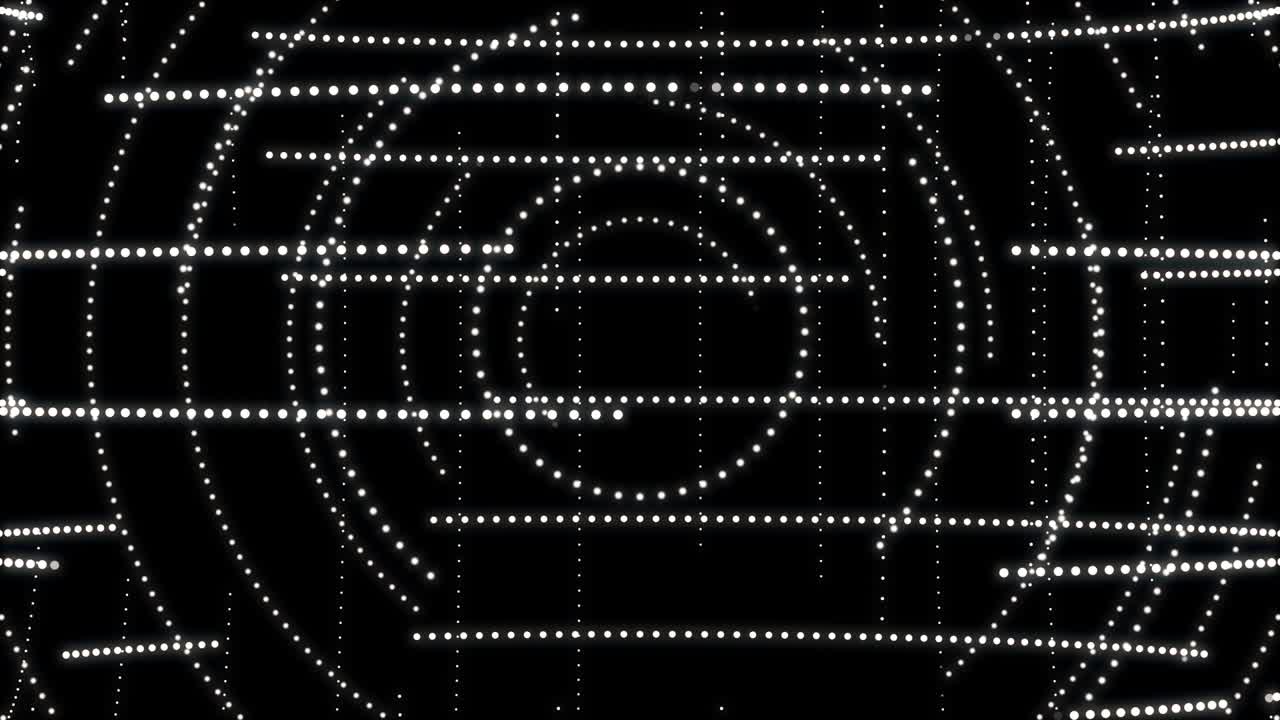 Abstract minimal textured web of white dots forming circles and lines on a black background