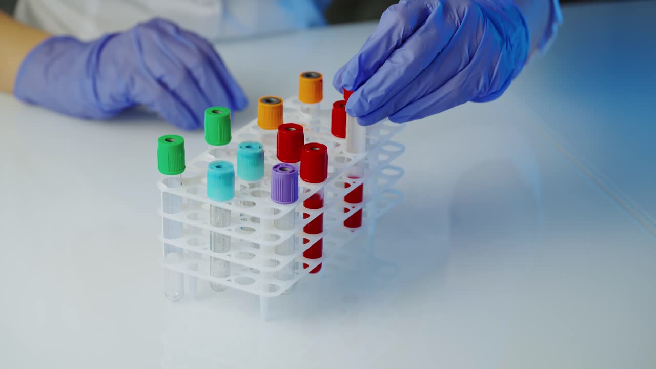 Medical equipment for blood test. Hands of doctor holding bottles of blood