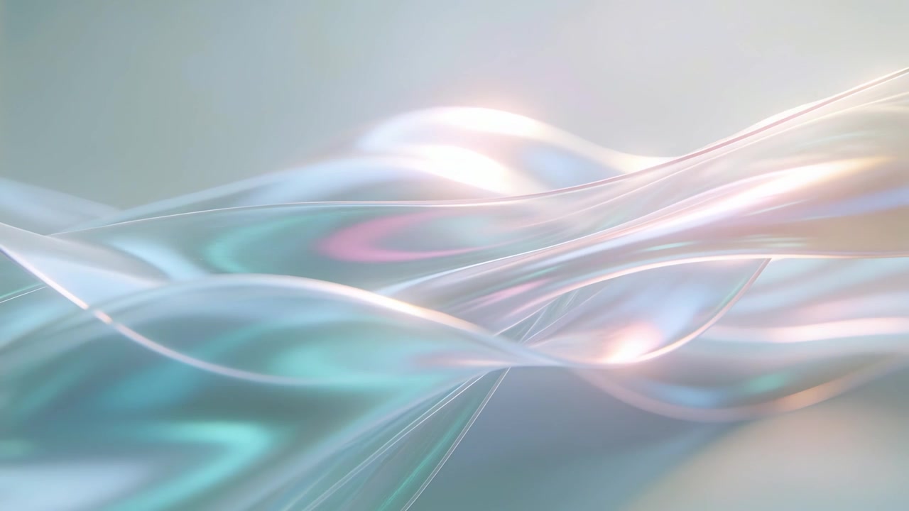 Swaying iridescent ribbon waves responding to soft light shifting across pastel backdrop, glinting
