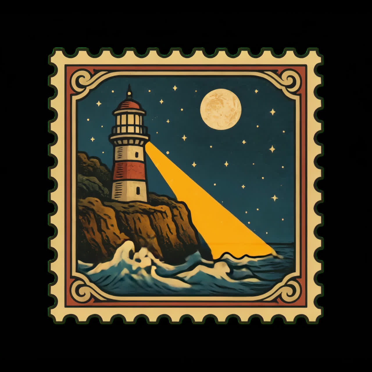 Vintage lighthouse stamp illustration animation isolated asset, transparent 4K video, alpha channel